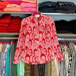 Daisy Street red and pink “faces” long sleeve blouse size XS